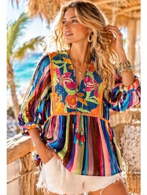 Anthropologie Verb Pallavi Singhee Beaded Boho Peasant Top S Colorful Maximalist
